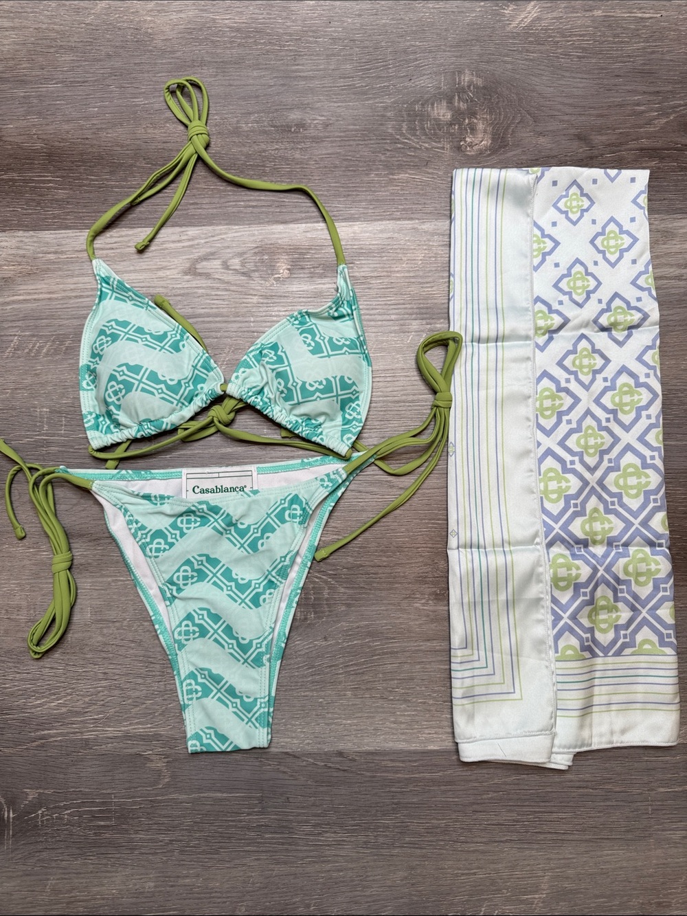 Casablanca Mint Green Patterned Triangle Bikini with Olive Ties